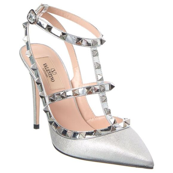 Valentino Rockstud Caged 100 Leather-Trim Pump, Silver - Picture 1 of 5